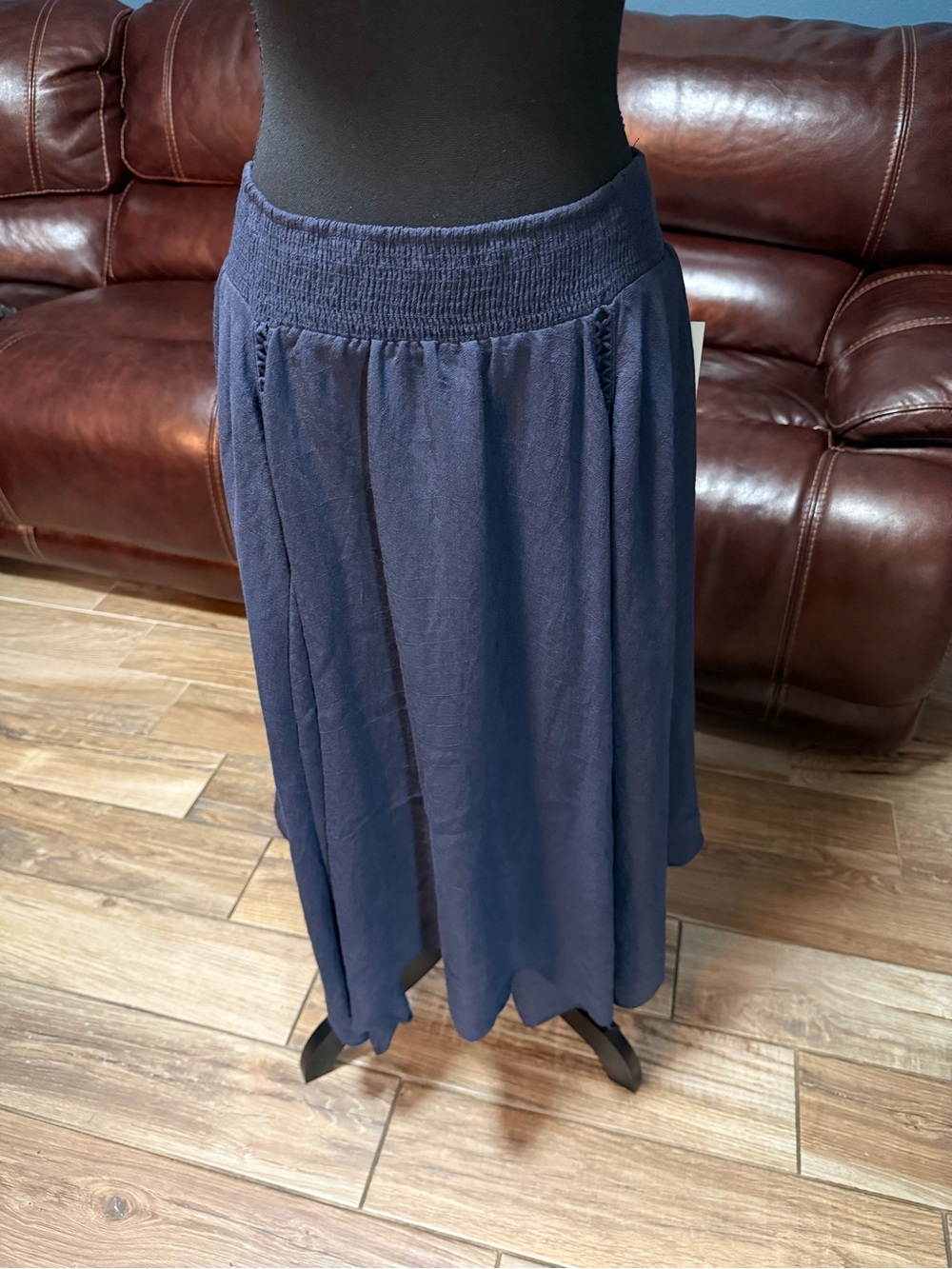 Smocked Waist Navy Midi Skirt